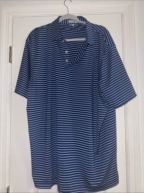 Peter Millar Navy and White Striped Short-Sleeve Polo